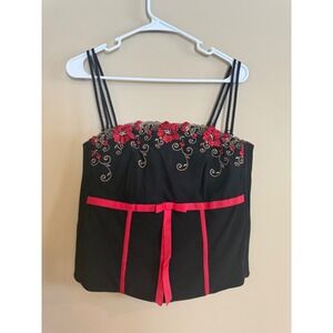 UnderCoverWear Black Red Floral Embroidered Corset Top Mesh Back Size 18